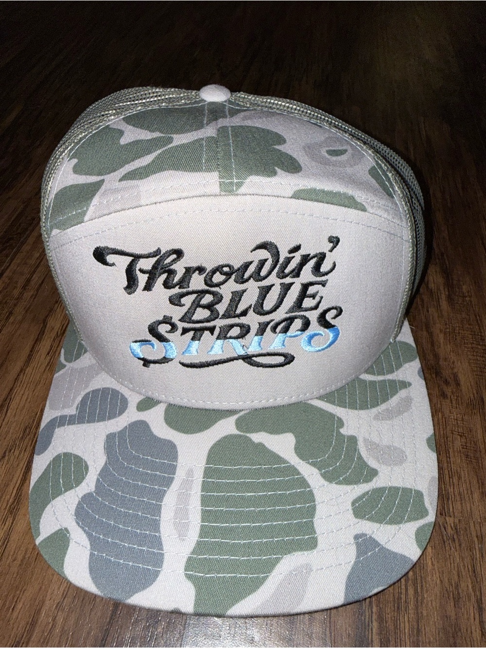 Throwin' Blue Strips Camo Trucker Hat - Green & Gray